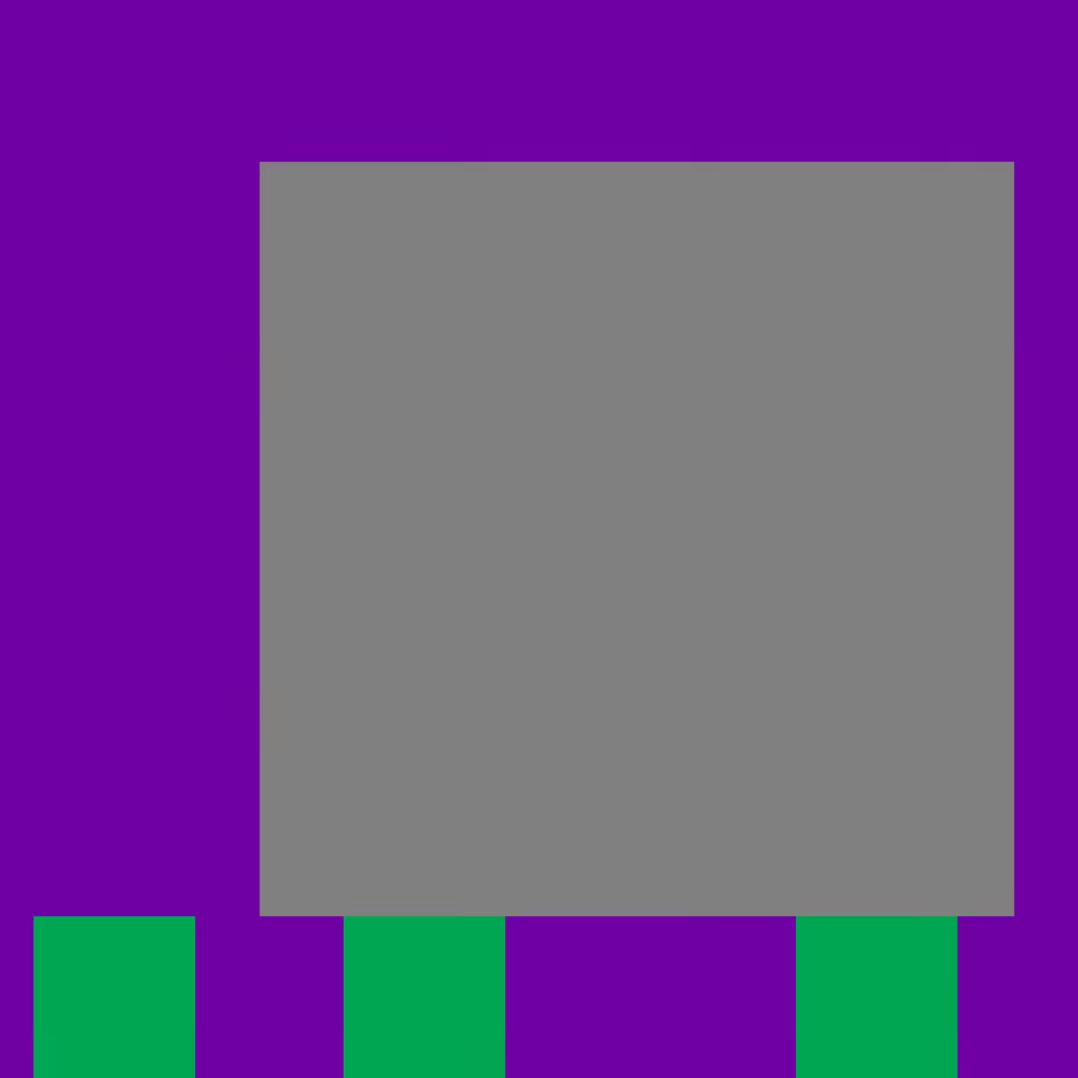 A broad gray rectangle above three small green blocks on a saturated violet background.
