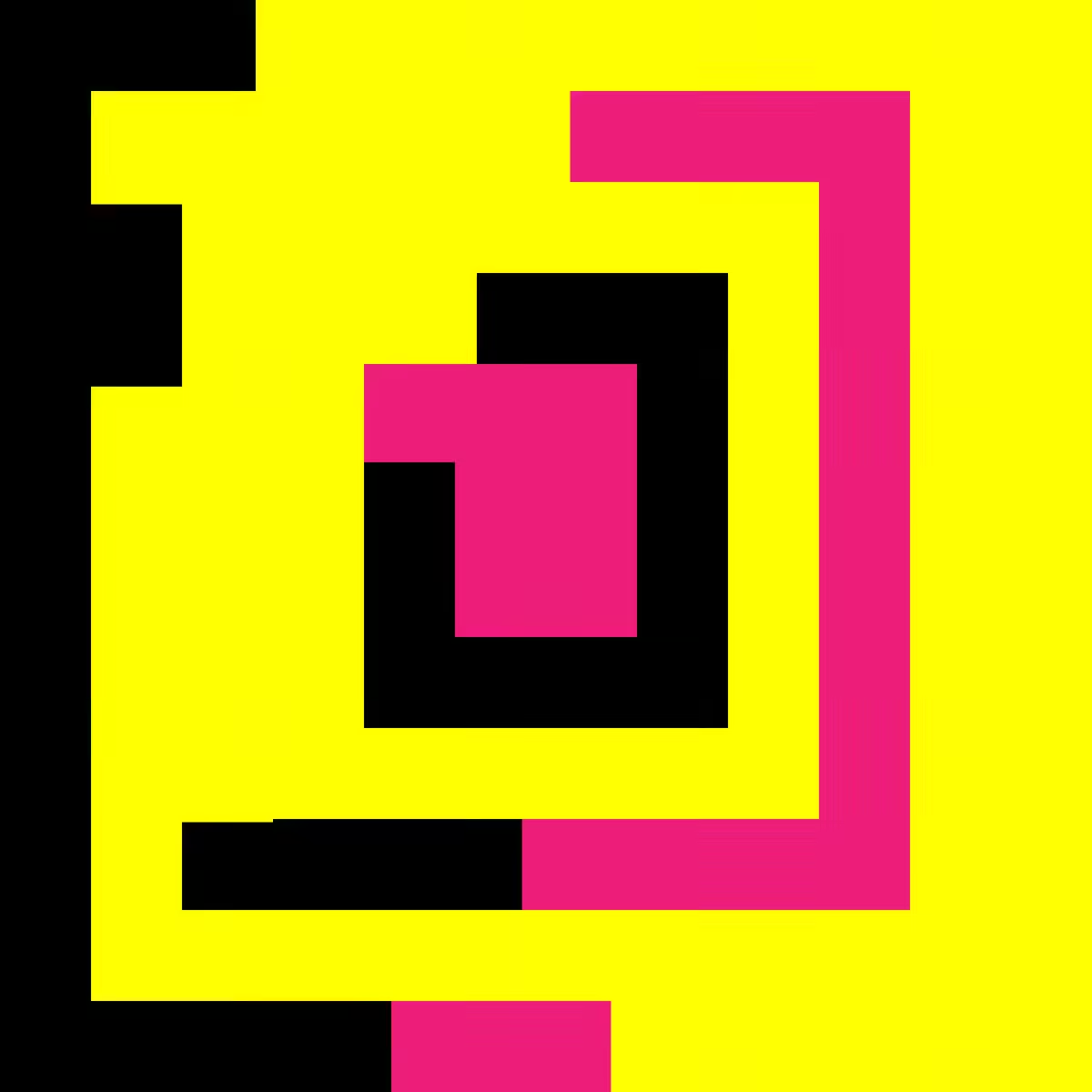 A stepped rectilinear spiral in magenta and black against a bright yellow field.