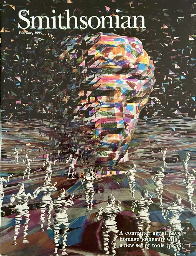 Smithsonian, February 1995: Charles Csuri’s Homage to the Muse (1990) on the cover, showing a fragmented computer-generated head surrounded by repeated figures.