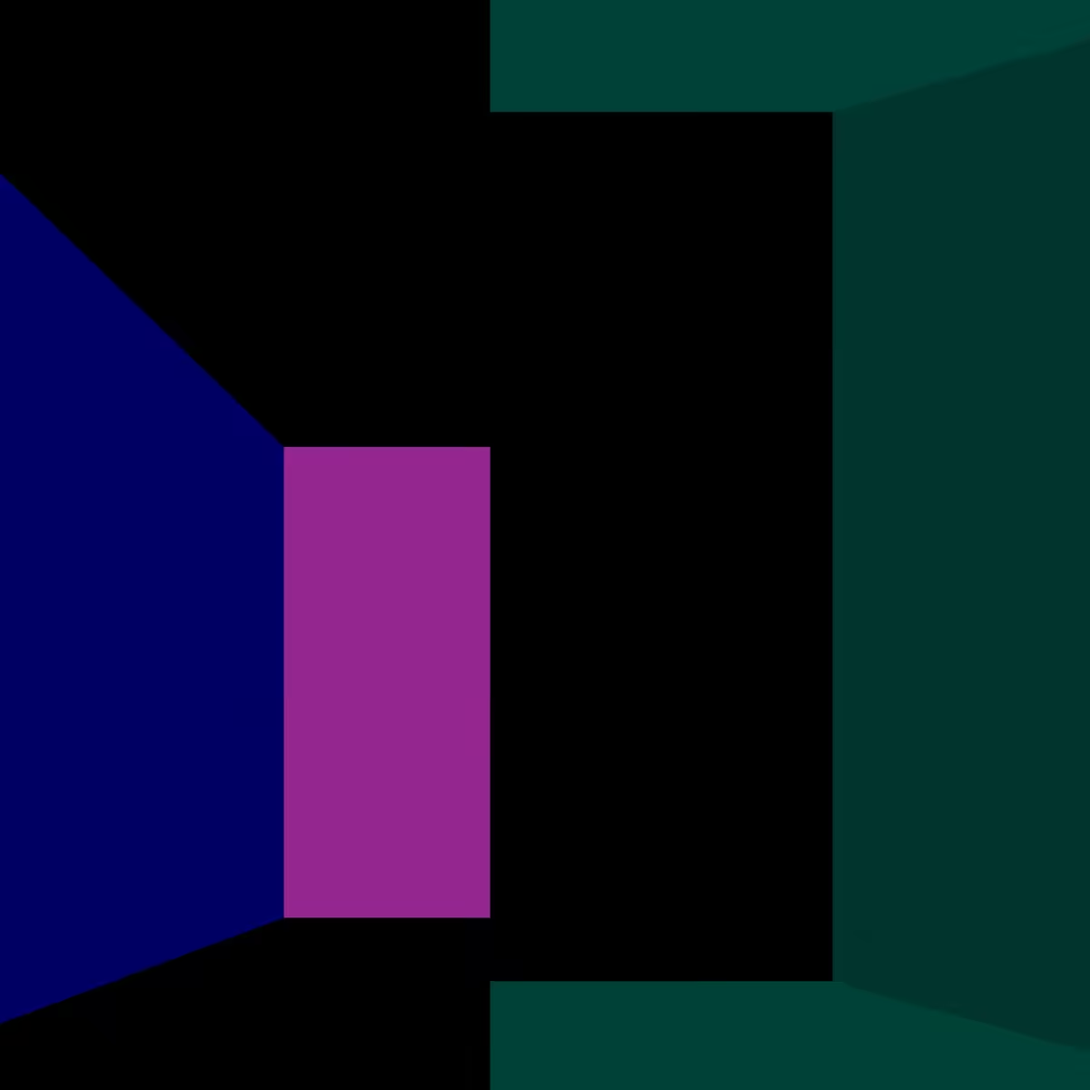 Dark blue, violet and green geometric planes suggest walls and an opening around a deep black interior.