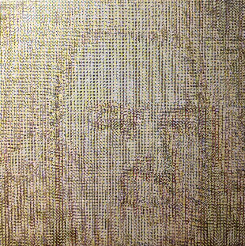 CTG’s Plot Bach on the back cover of Wendy Carlos’s Switched-On Bach, Japanese pressing (1969): Johann Sebastian Bach’s portrait formed from multicolored computer-generated marks.