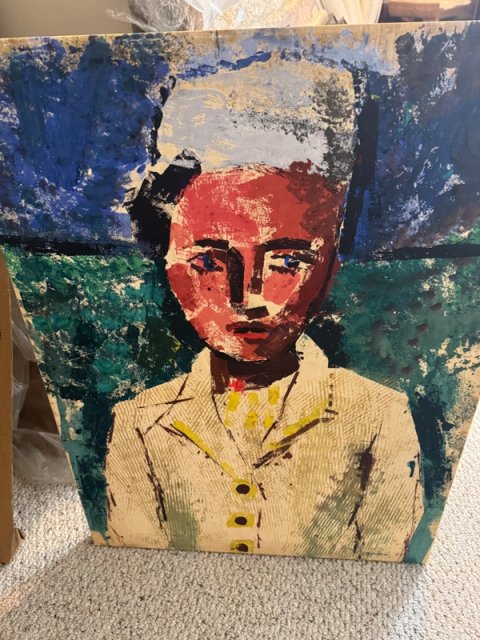Csuri’s earlier painted portrait of a person with a red-orange face and pale textured jacket against a blue-green background.