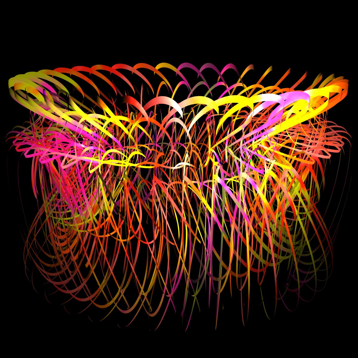 Charles Csuri, 6Korder199_0002SQ (Ordo, 2017): yellow, orange, coral and magenta ribbons spread in a roughly symmetrical, wing-like form against black, with long loops descending below.