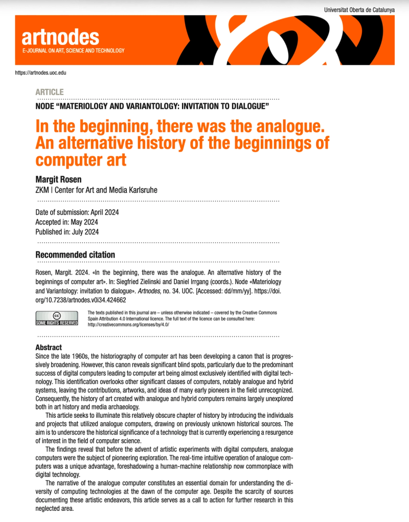 Opening page of Margit Rosen’s In the Beginning, There Was the Analogue (Artnodes, 2024), with an orange journal banner and the article’s title and publication details.