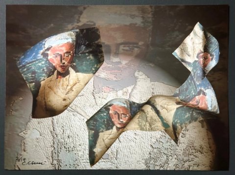 Charles Csuri’s Long Ago and Far Away: repeated painted portraits mapped onto curling digital forms, signed and numbered 2/19 at lower left.