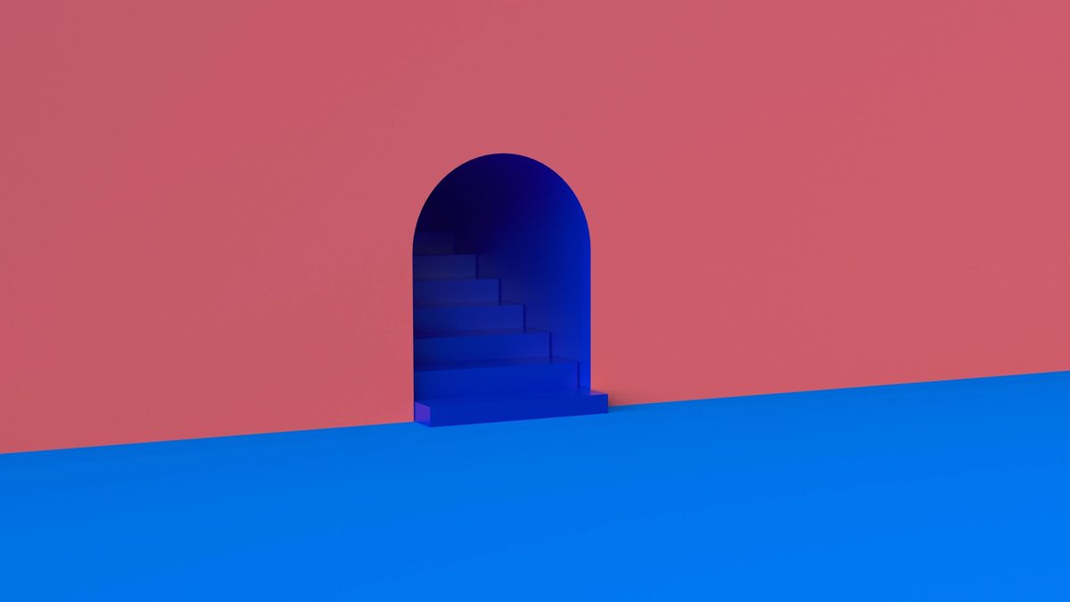A dream-like rendering of an archway to a mysterious set of cobalt-blue stairs, leading upward.