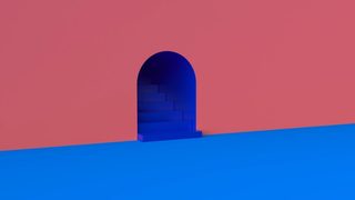 A dream-like rendering of an archway to a mysterious set of cobalt-blue stairs, leading upward.