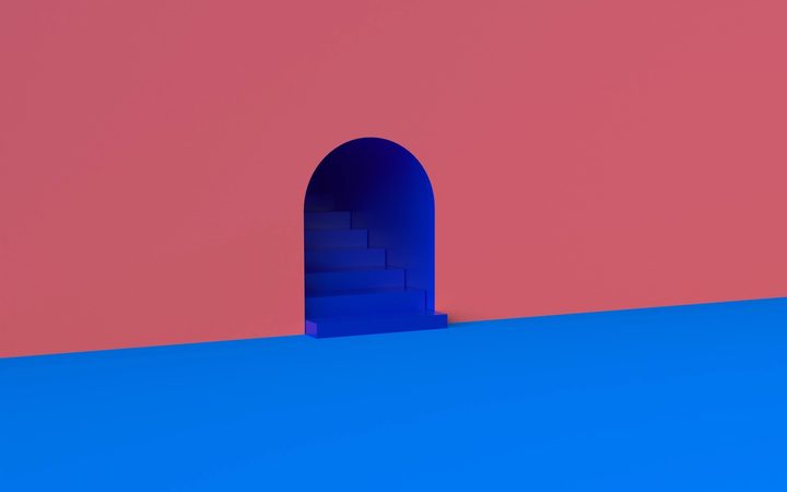 A dream-like rendering of an archway to a mysterious set of cobalt-blue stairs, leading upward.