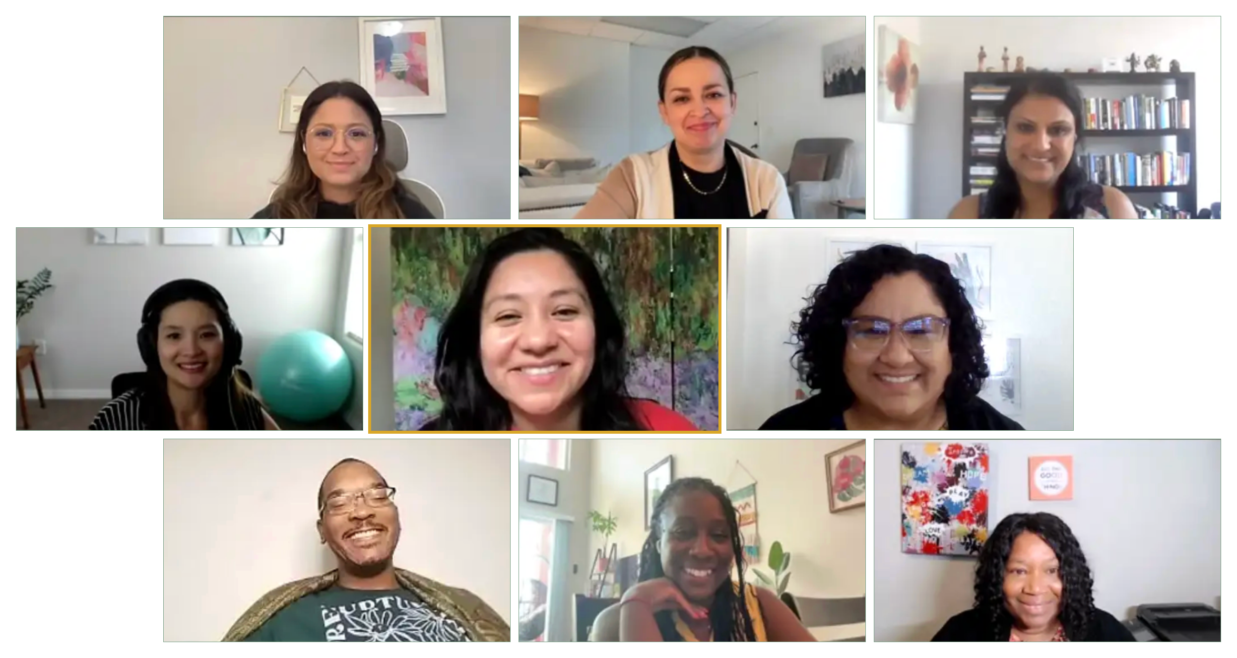 An Alma identity group meeting virtually, comprised of nine diverse therapy providers.