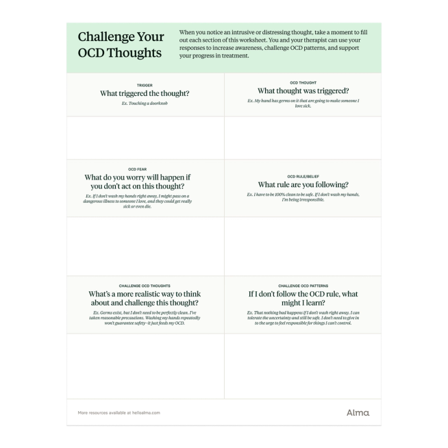 Challenge Intrusive Thoughts Ocd Worksheet Alma