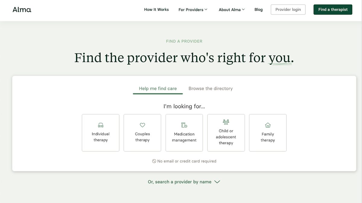 Alma online therapy platform "Find the provider who's right for you."