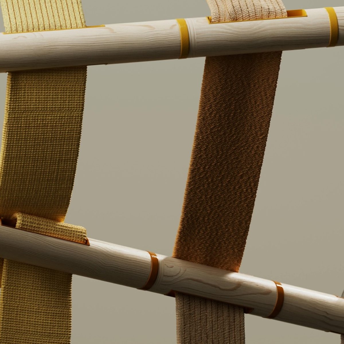 thick woven bands of shorter and longer fabric stretched between two wooden poles