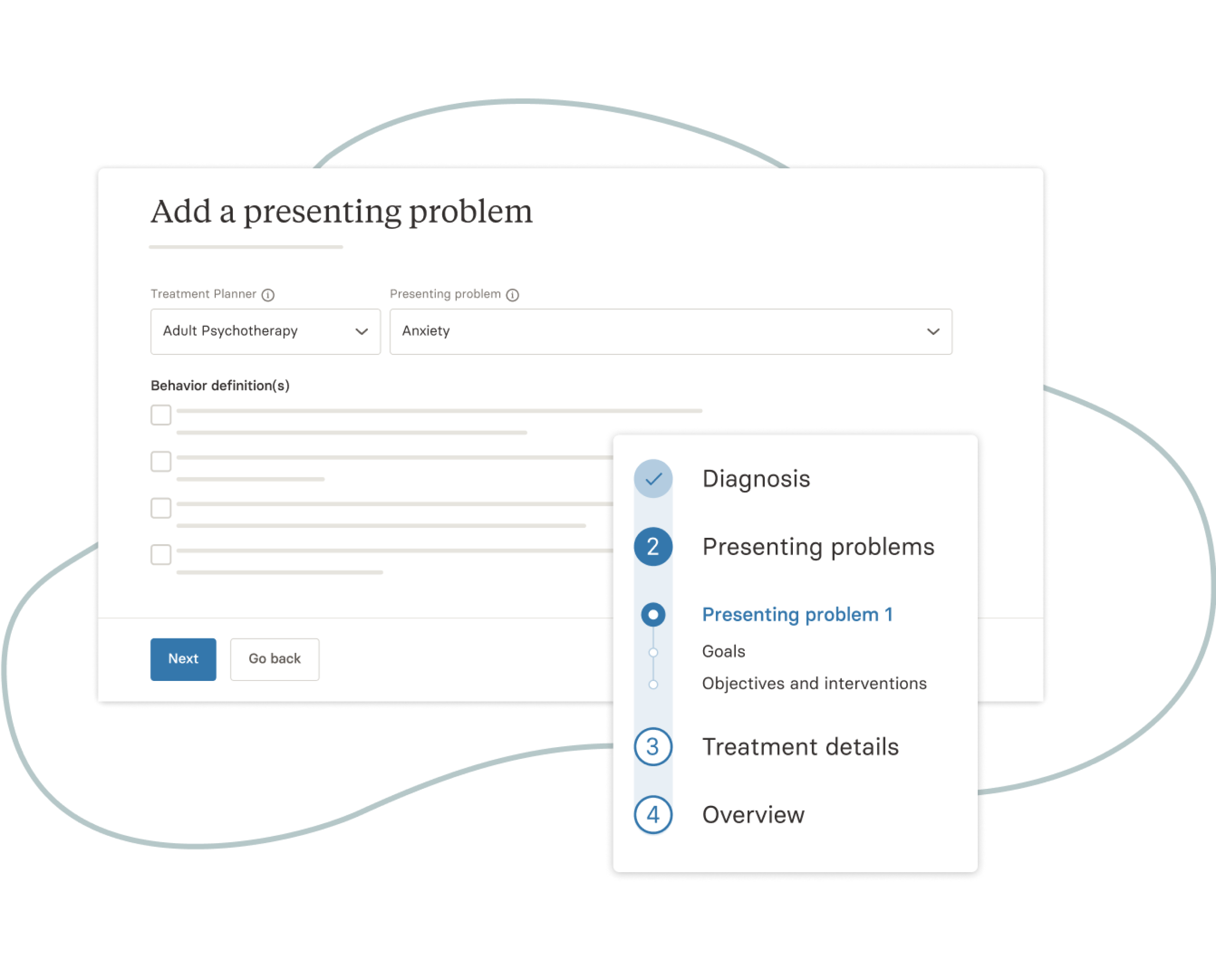 Product screenshot featuring the "add a presenting problem" of the Wiley treatment planner.