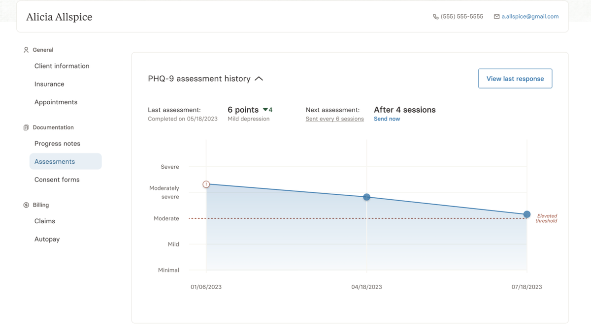 A snapshot of Alma's clinician tools, highlighting a patients PHQ-9 scores over time