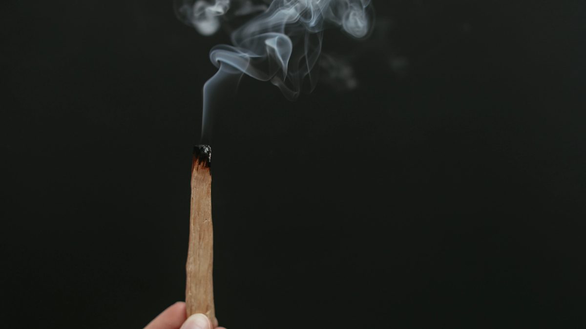 A hand holds a charred, smoking piece of palo santo wood in total darkness.