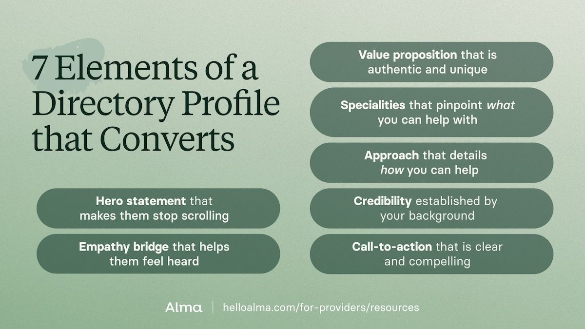 The seven elements of a directory profile that converts: 1. Hero statement that makes them stop scrolling 2. Empathy bridge that helps them feel heard 3. Value proposition that is authentic and unique 4. Specialties that pinpoint what you can help with 5. Approach that details how you help 6. Credibility established by your background 7. Call to action that helps is clear and compelling