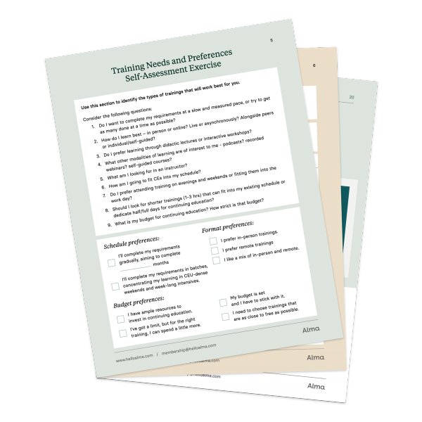 Page from Alma's "Continuing Education: Planning and Tracking" worksheet discussing training needs.