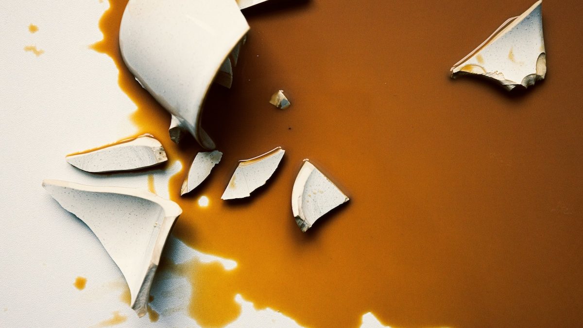 A broken ivory coffee mug on top of a puddle of spilled coffee on a white background