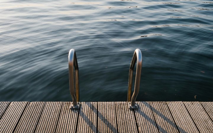 The top of an outdoor ladder leading out of a dark lake onto a sunny dock