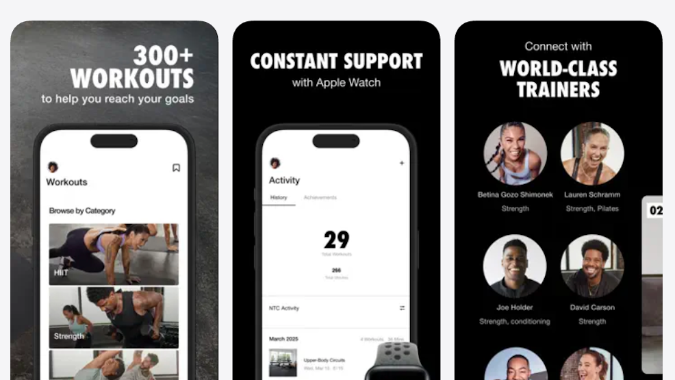 3 screenshots from the Nike Training Club app