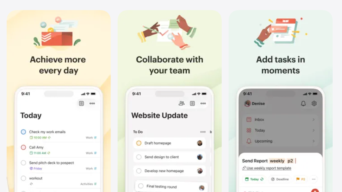 3 screenshots from the Todoist app