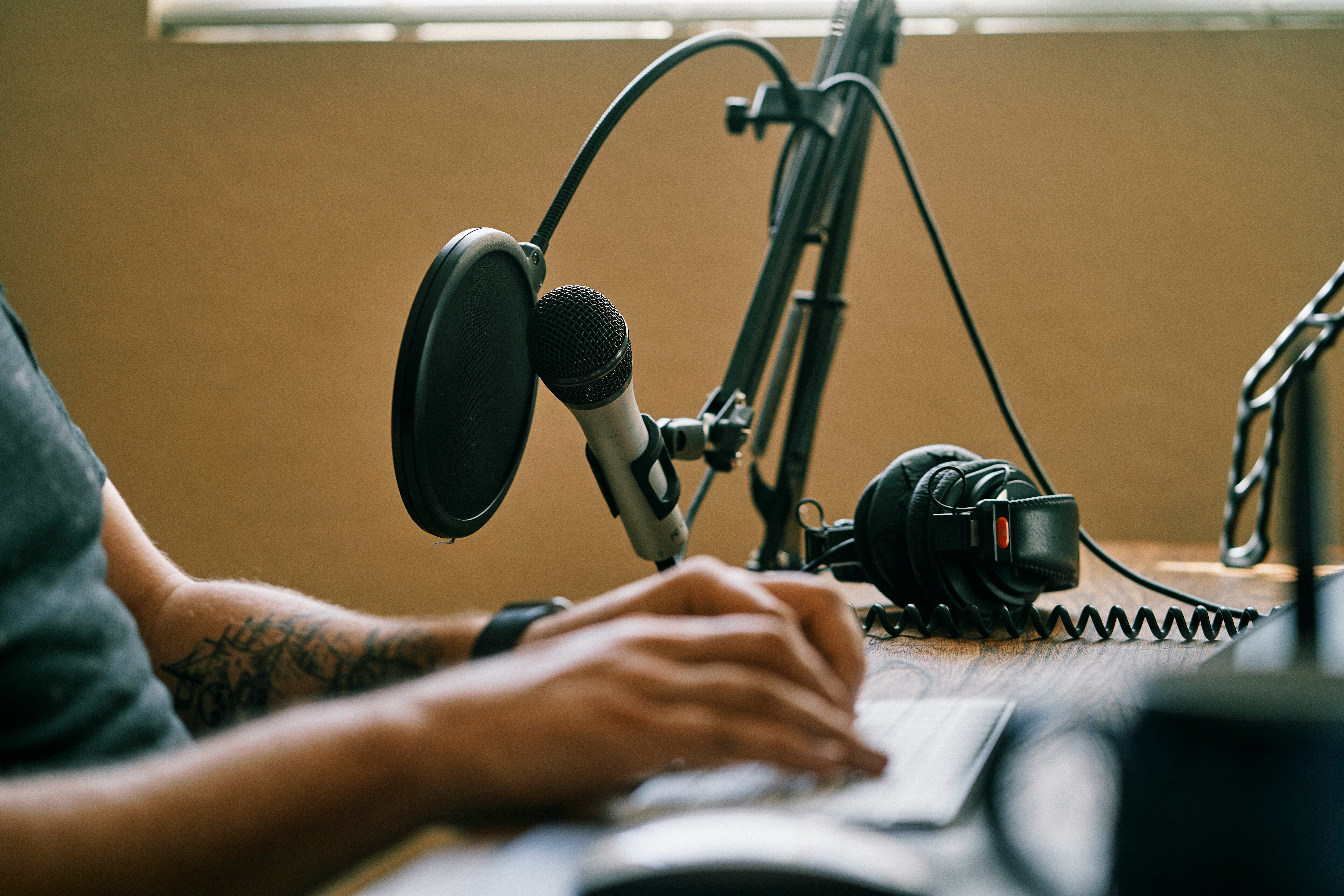 Person holding microphone on microphone stand