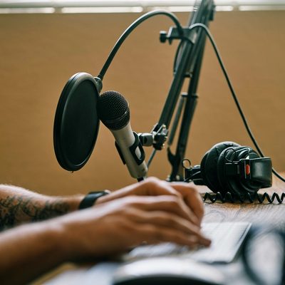 Person holding microphone on microphone stand