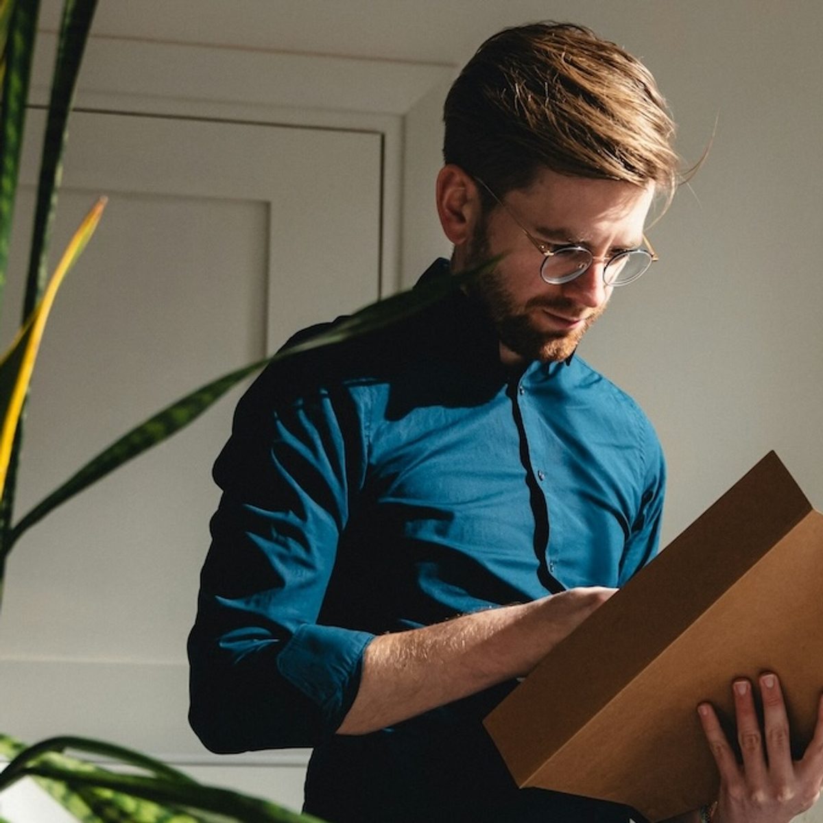 a male therapist organizes files in his sunny, plant-filled office