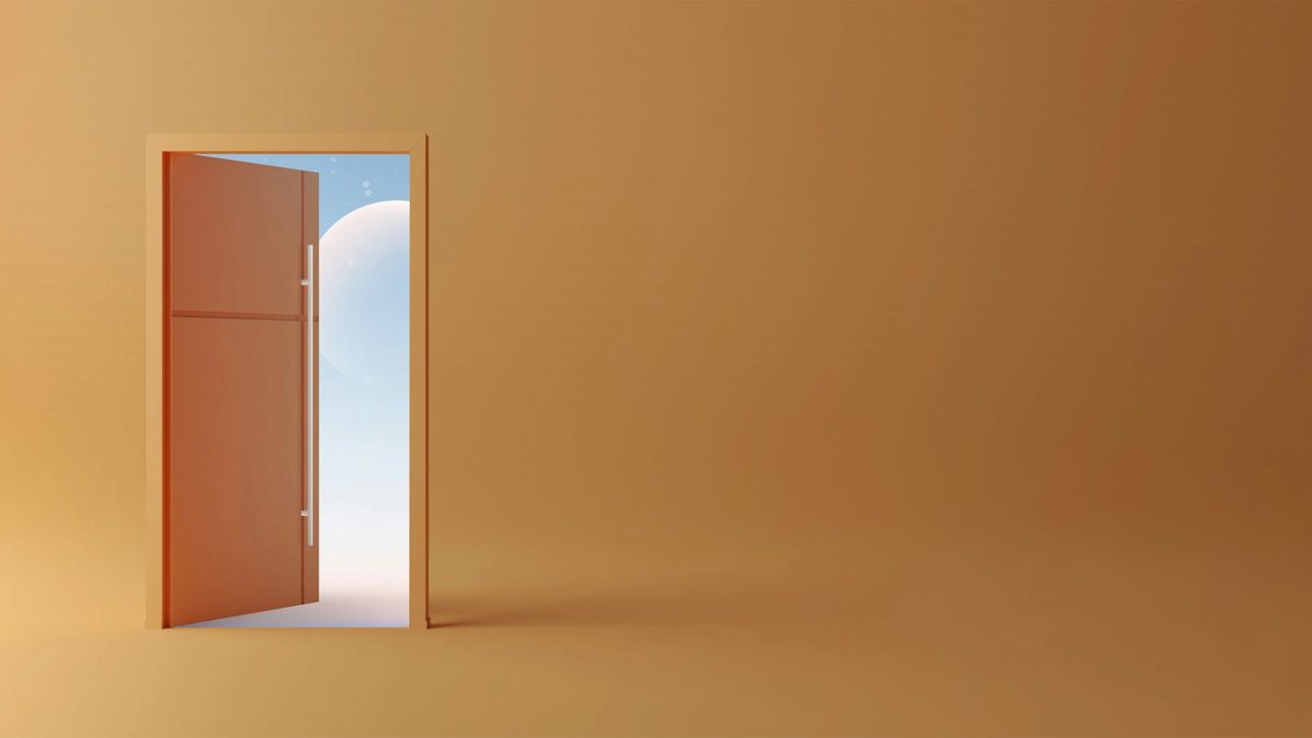 An illustration of a bright gold room, looking out of an open door into a new world of possibility.