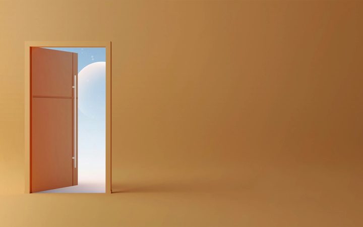 An illustration of a bright gold room, looking out of an open door into a new world of possibility.