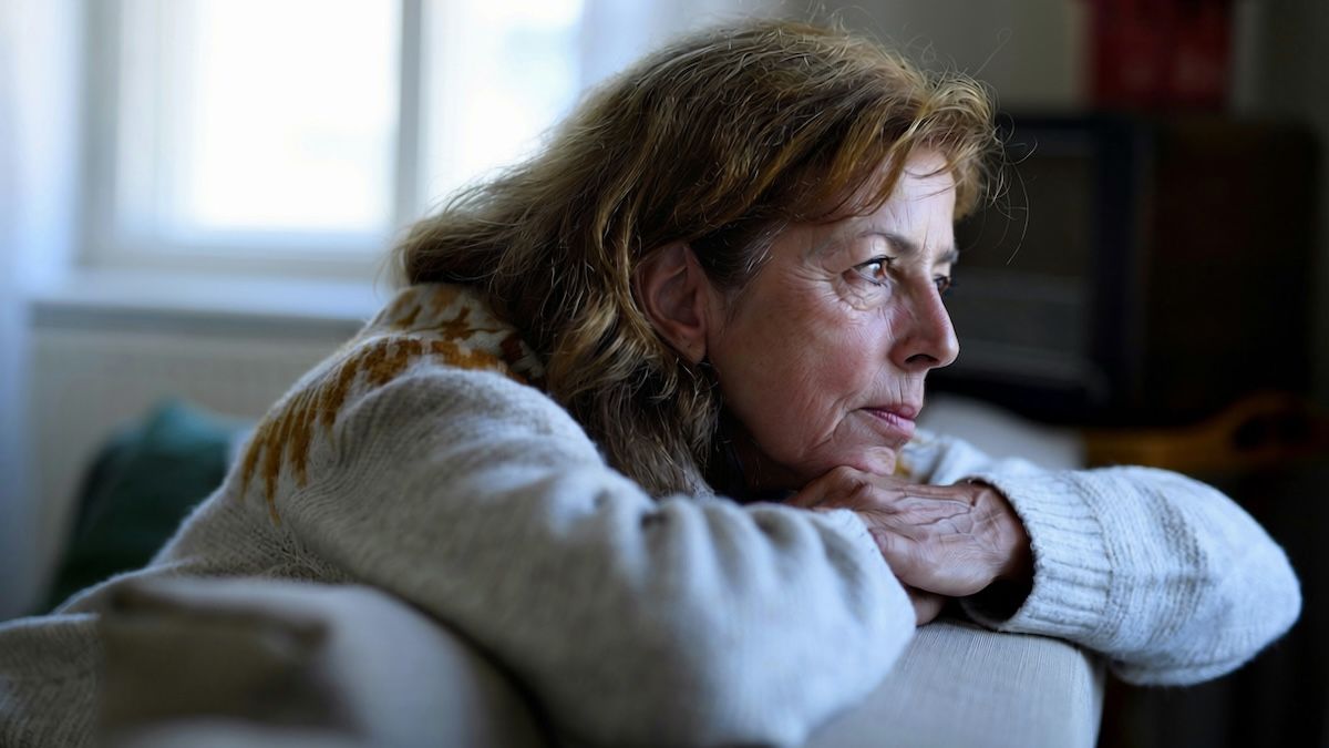 An older woman sits leaning on the back of a couch, missing her adult child