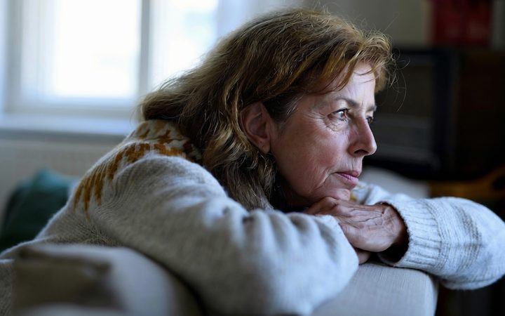 An older woman sits leaning on the back of a couch, missing her adult child
