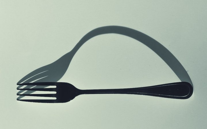 a fork is shown on a light green background, next to its oddly shaped shadow