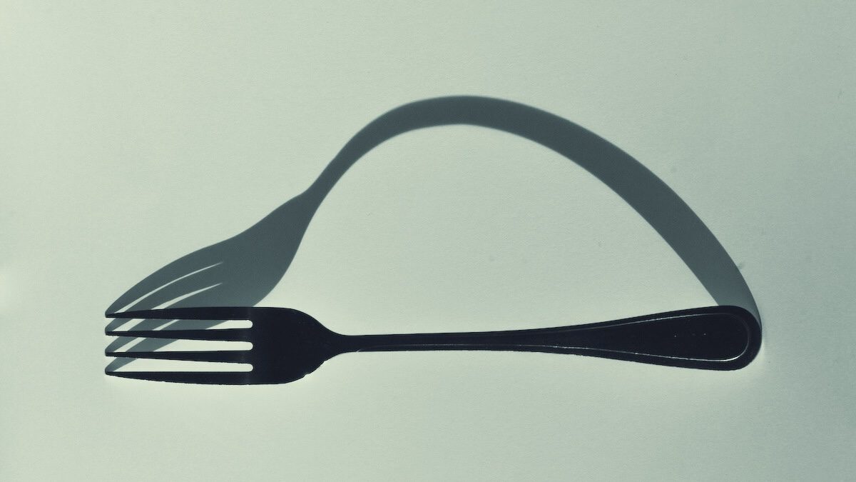 a fork is shown on a light green background, next to its oddly shaped shadow