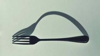 a fork is shown on a light green background, next to its oddly shaped shadow