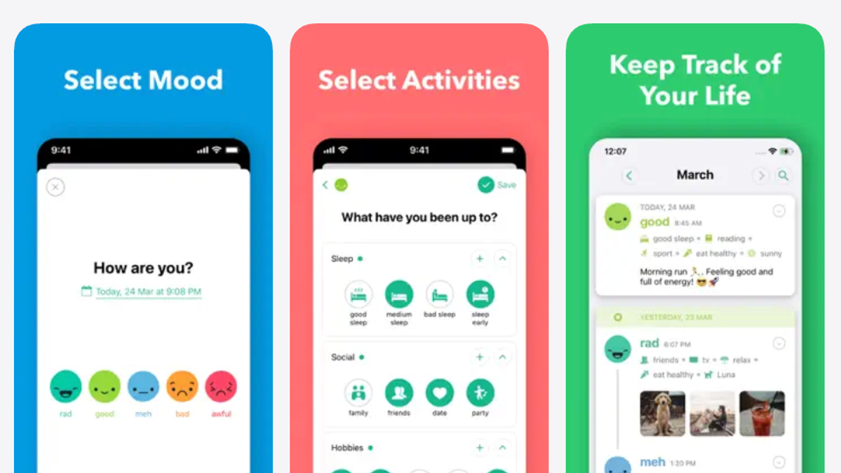 3 Screenshots showing the Daylio app