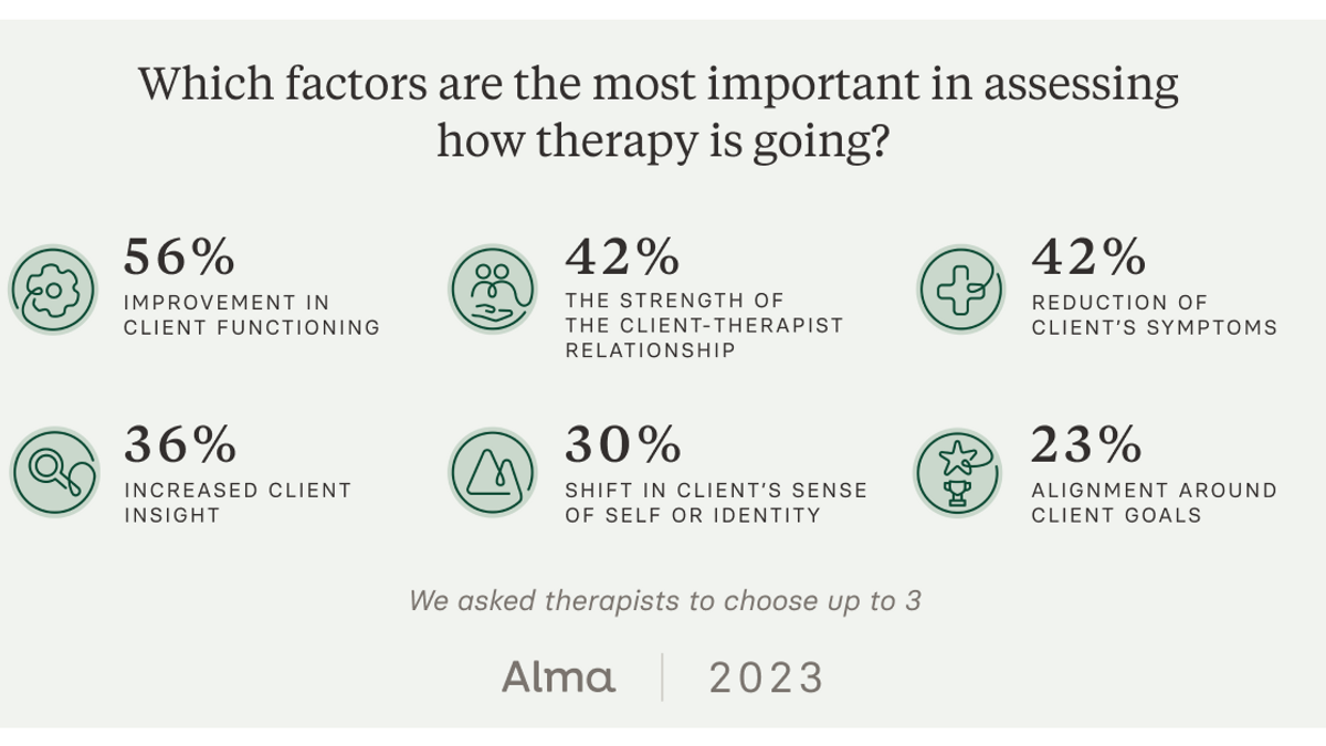 We asked therapists to identify three factors that are most important in measuring progress. 56% reported improvement in client functioning, and 42% reported client-therapist relationship.
