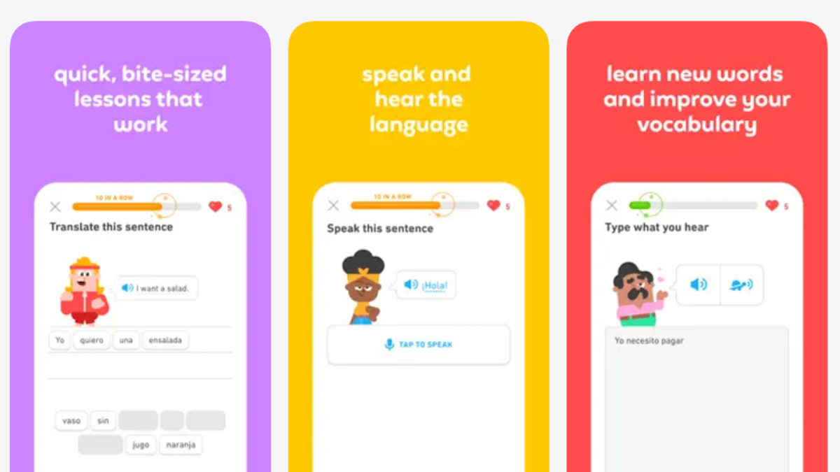 3 screenshots from the Duolingo app