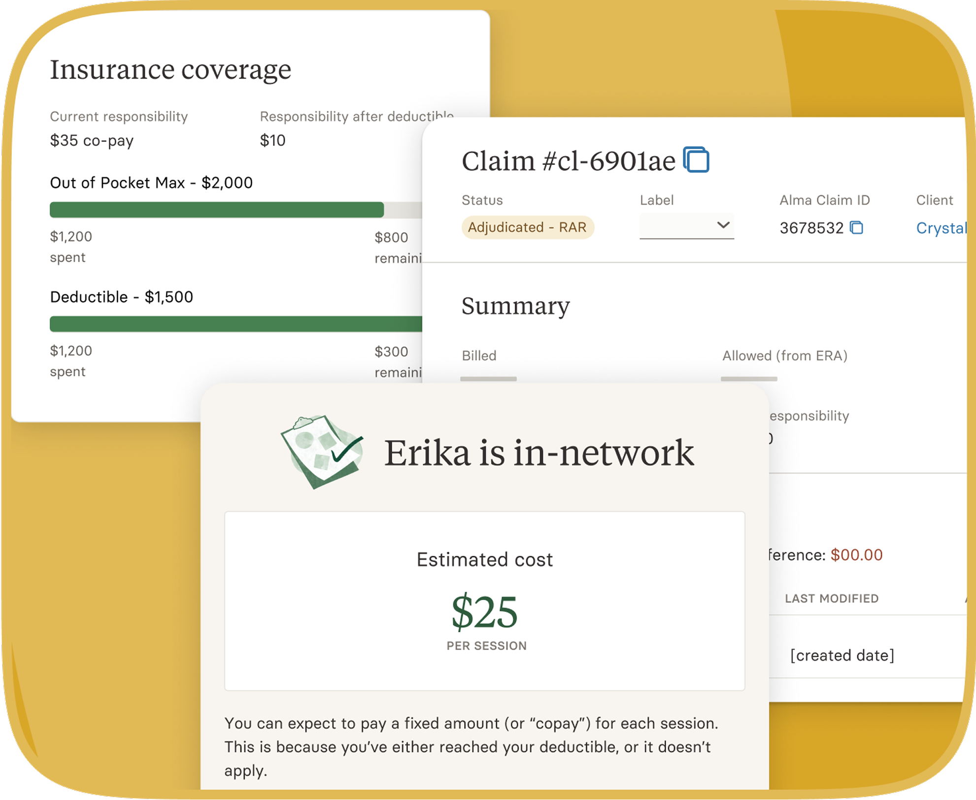 Patient insurance coverage and estimated cost details displayed in a care/billing dashboard