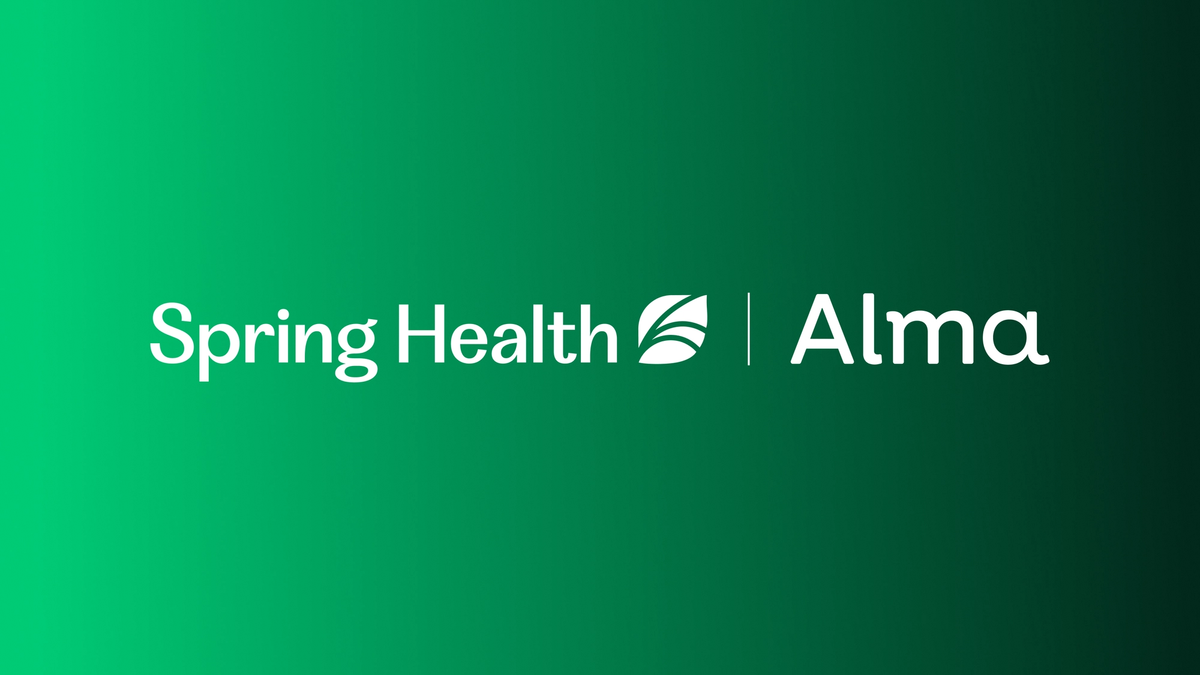 Green gradient rectangle with logos of Alma and Spring Health
