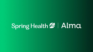 Green gradient rectangle with logos of Alma and Spring Health