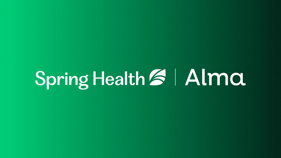 Green gradient rectangle with logos of Alma and Spring Health