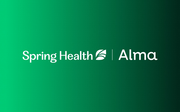 Green gradient rectangle with logos of Alma and Spring Health