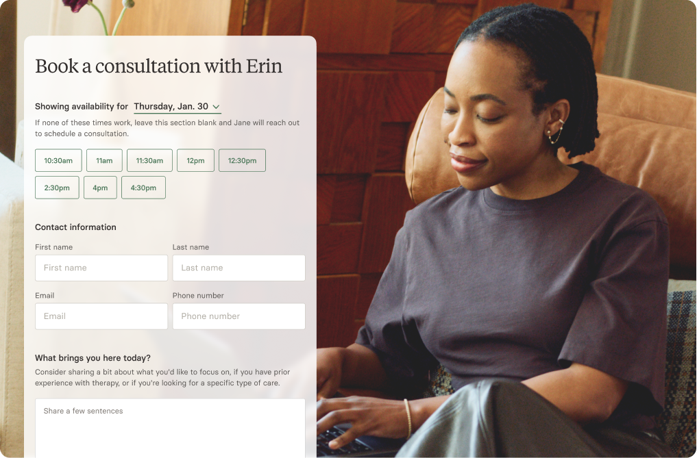 Person on laptop requesting a free consultation with an Alma therapy provider