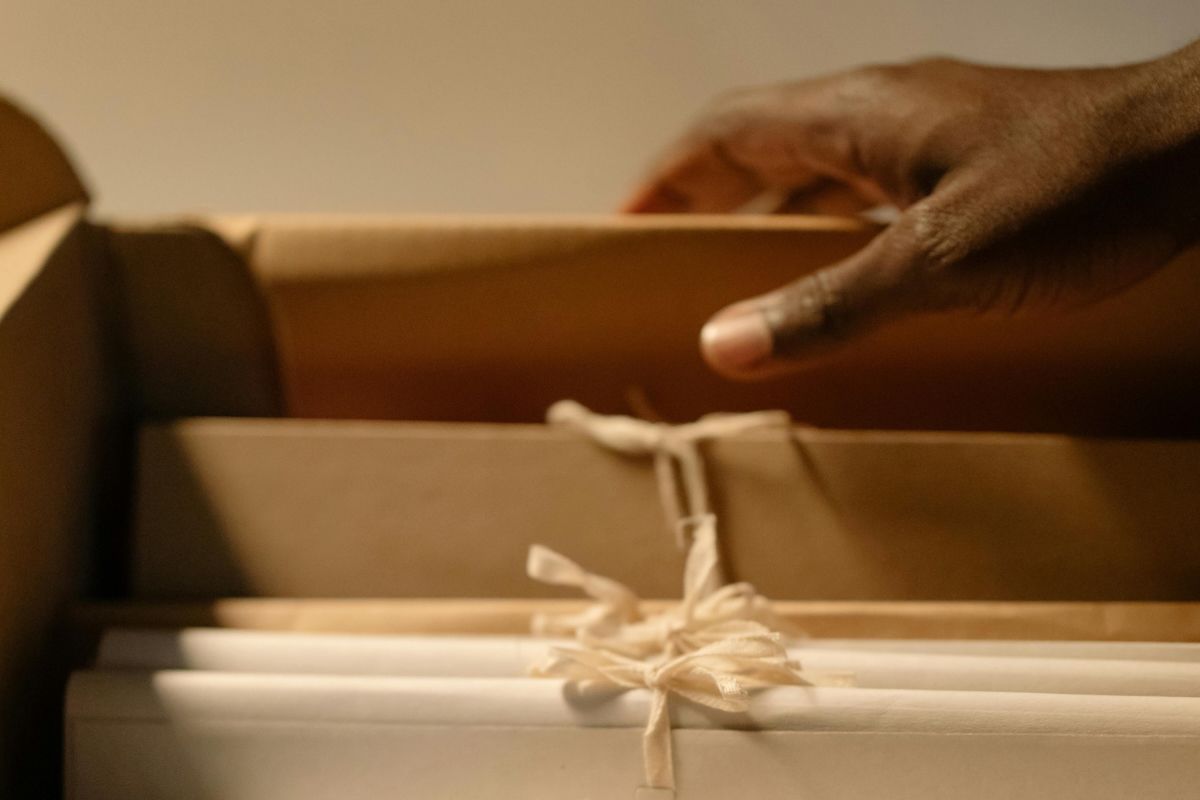 a hand lifting a file folder out of a drawer