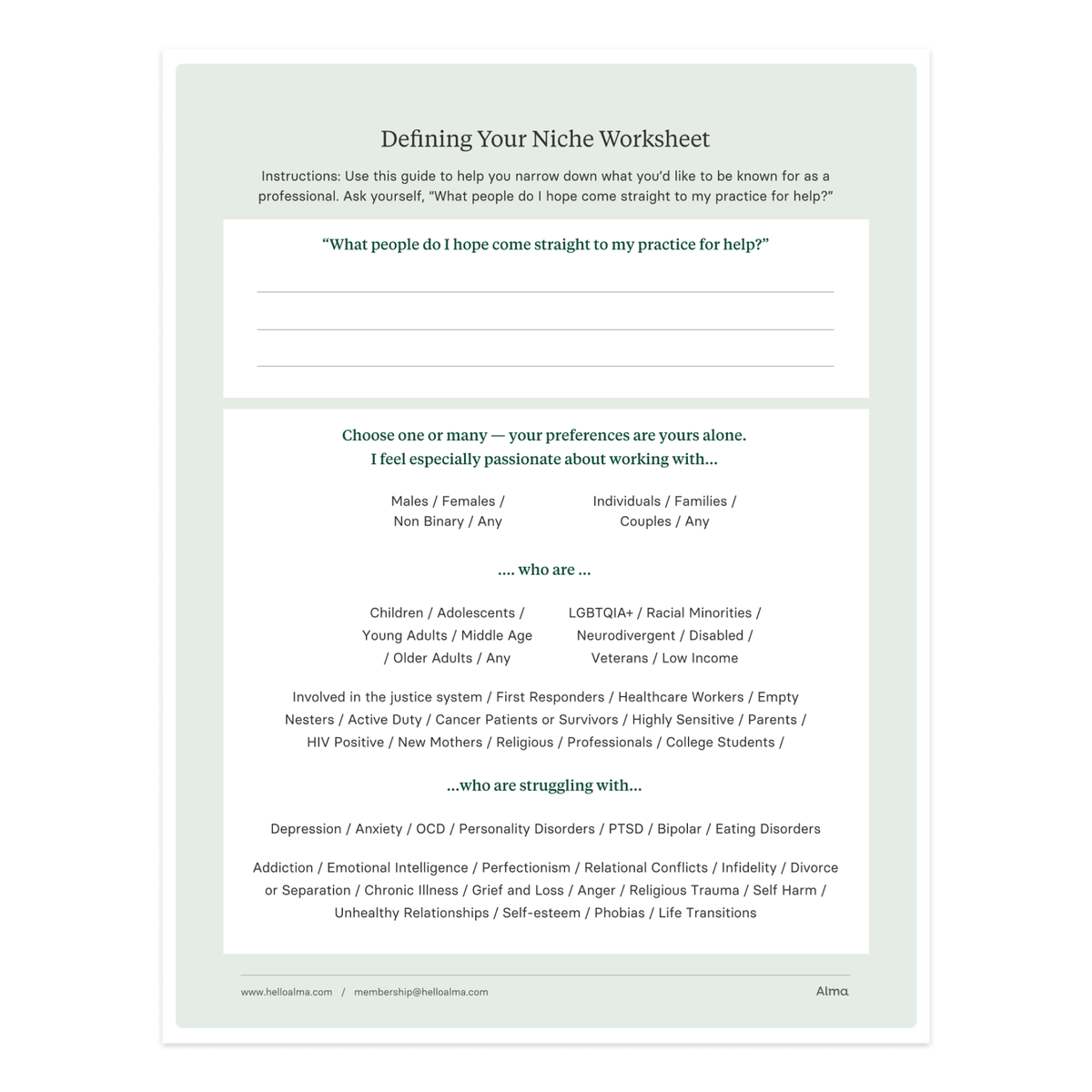 Defining your niche worksheet