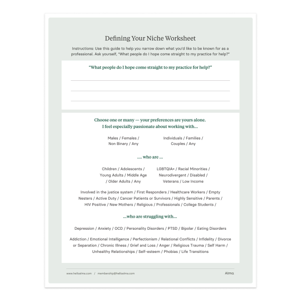 Defining your niche worksheet