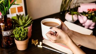 A desk decorated with numerous small succulents in terracotta and pink planters, with two hands leaning over, clutching a filled coffee cup over an open notebook.