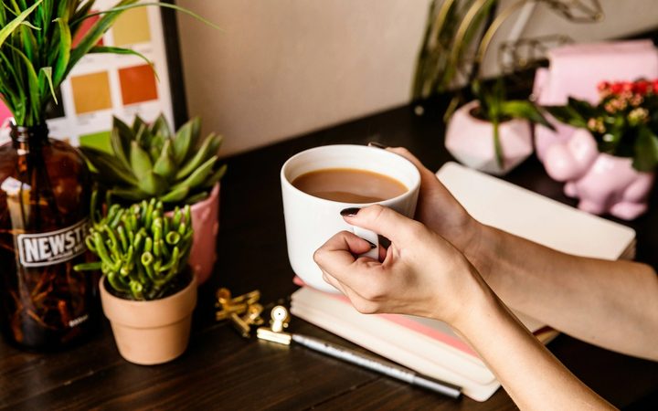 A desk decorated with numerous small succulents in terracotta and pink planters, with two hands leaning over, clutching a filled coffee cup over an open notebook.