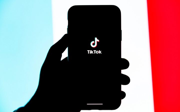 A silhouette of a hand holding a phone displaying the TikTok app logo against a blue, white, and red striped background.